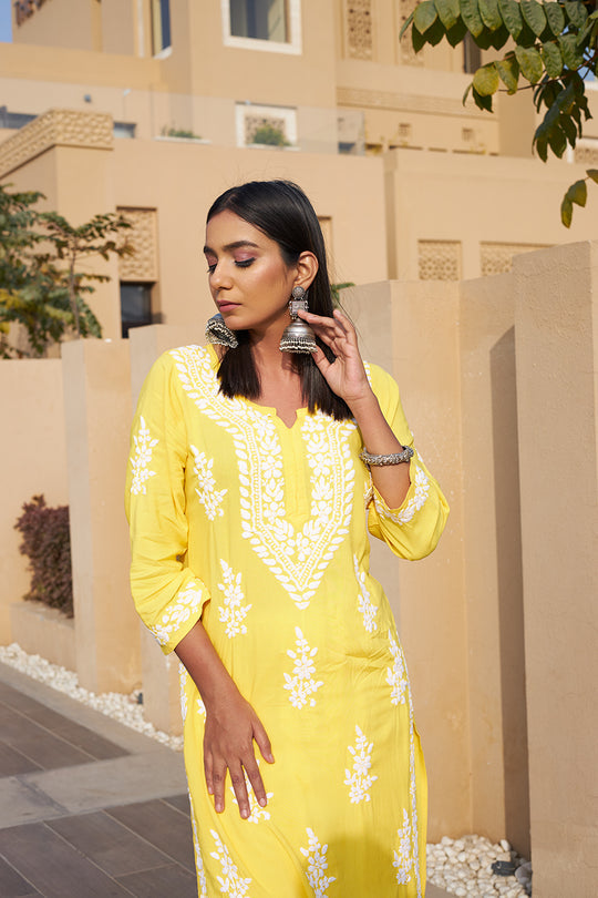 Rangreza Ethnic Liya Chikankari Rayon Kurta Yellow