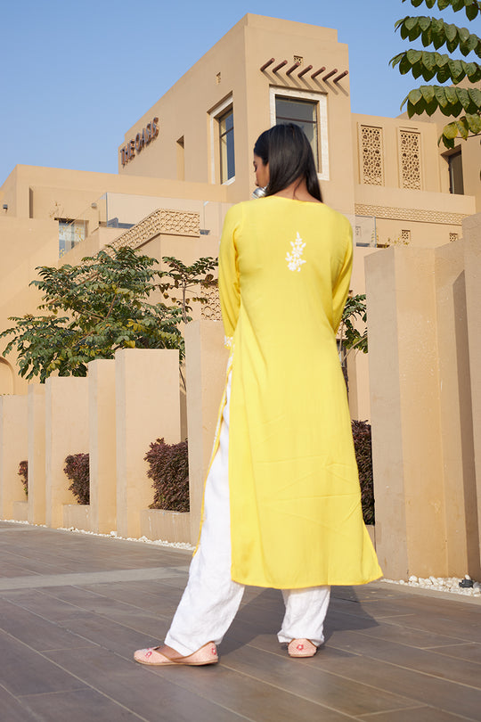 Rangreza Ethnic Liya Chikankari Rayon Kurta Yellow