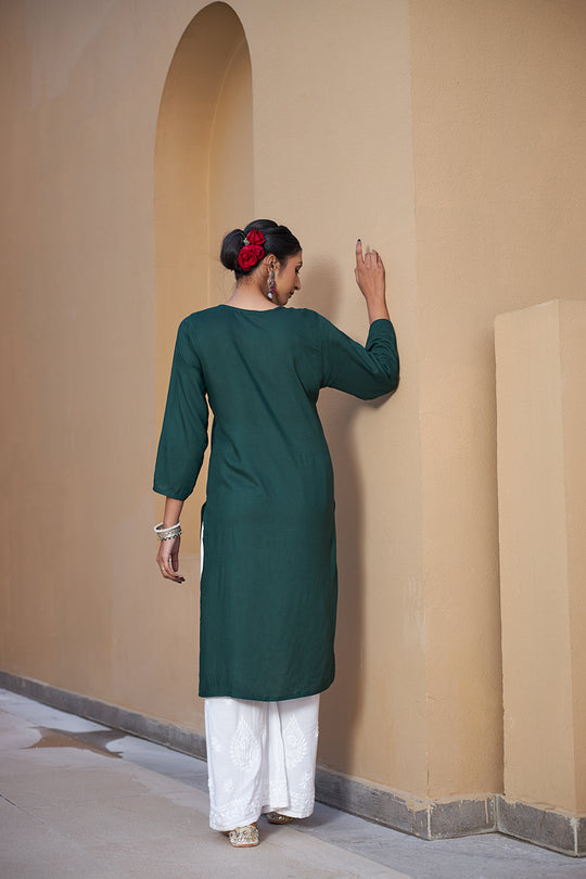 Rangreza Ethnic Chikankari Rayon Kurta Green