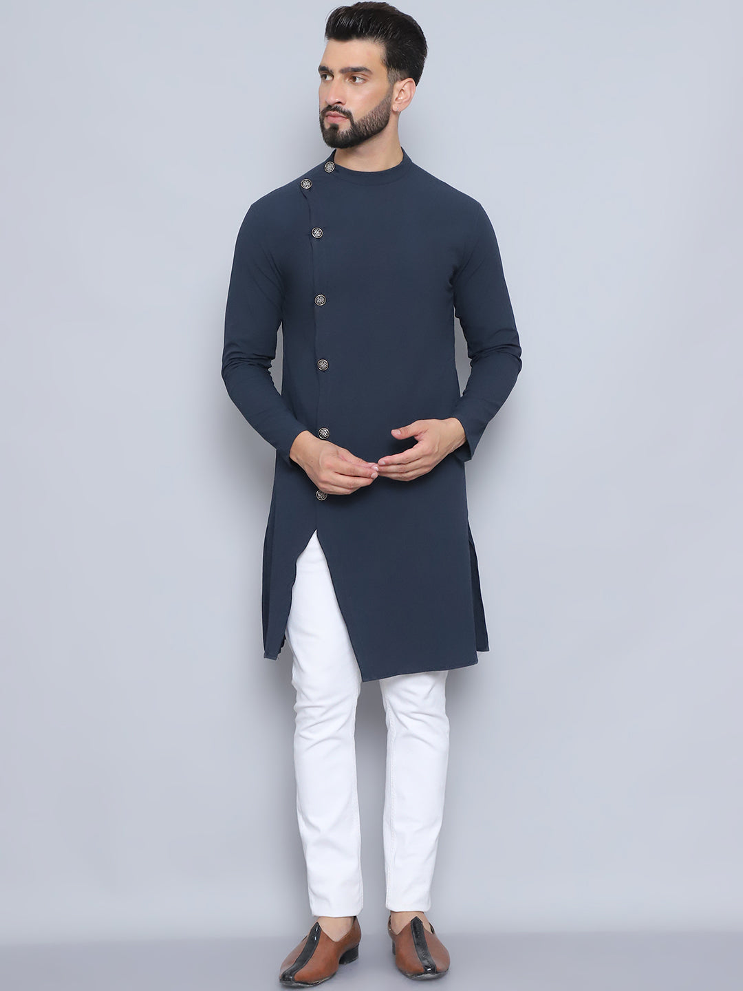 Even Apparels Men's Pure Cotton Blue Sherwani Kurta