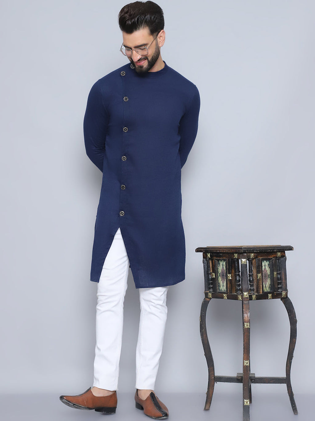 Even Apparels Men's Pure Cotton Blue Sherwani Kurta
