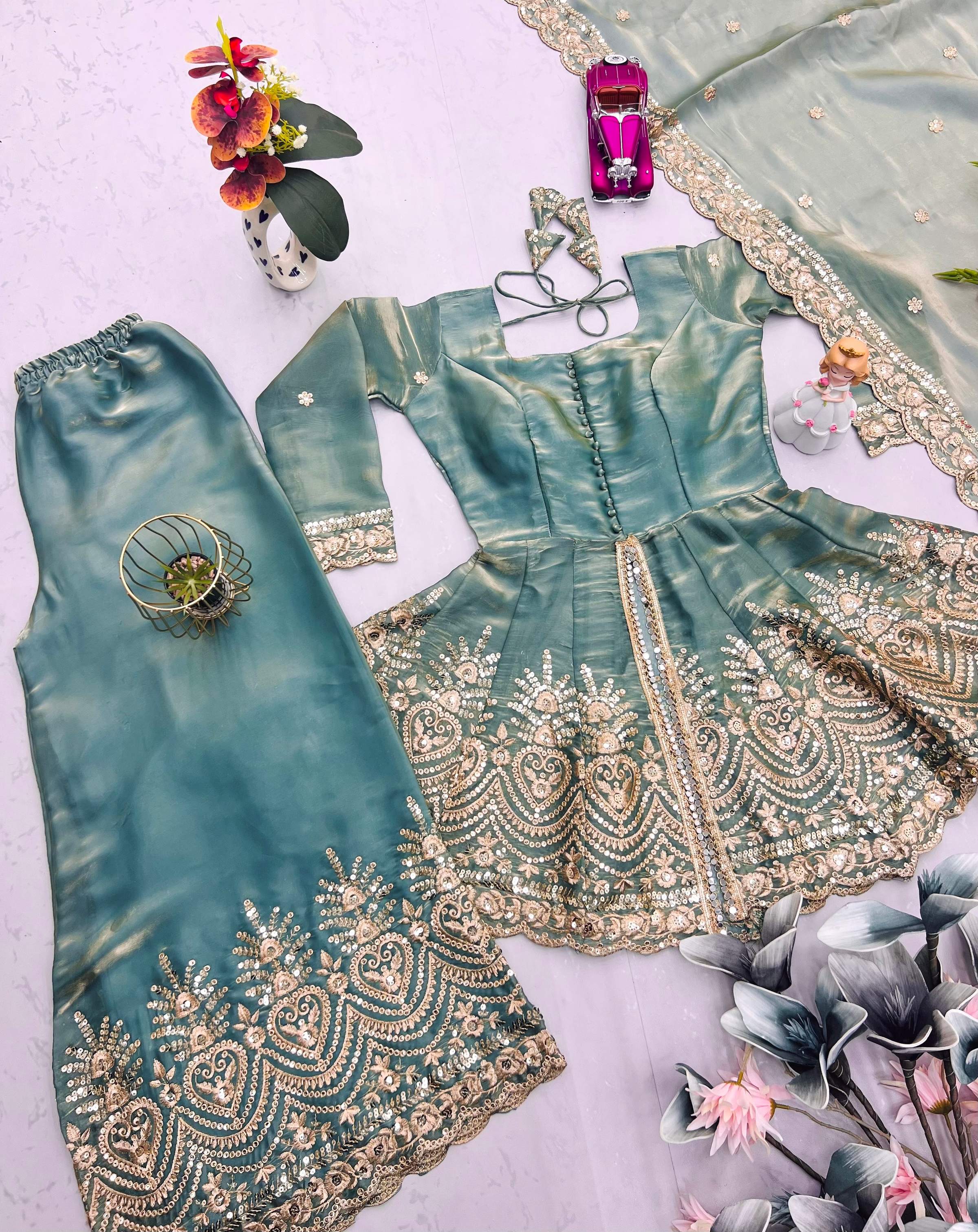 Evanik Seagreen Fendy Satin With Embroidered Real Mirror Work Plazzo Set