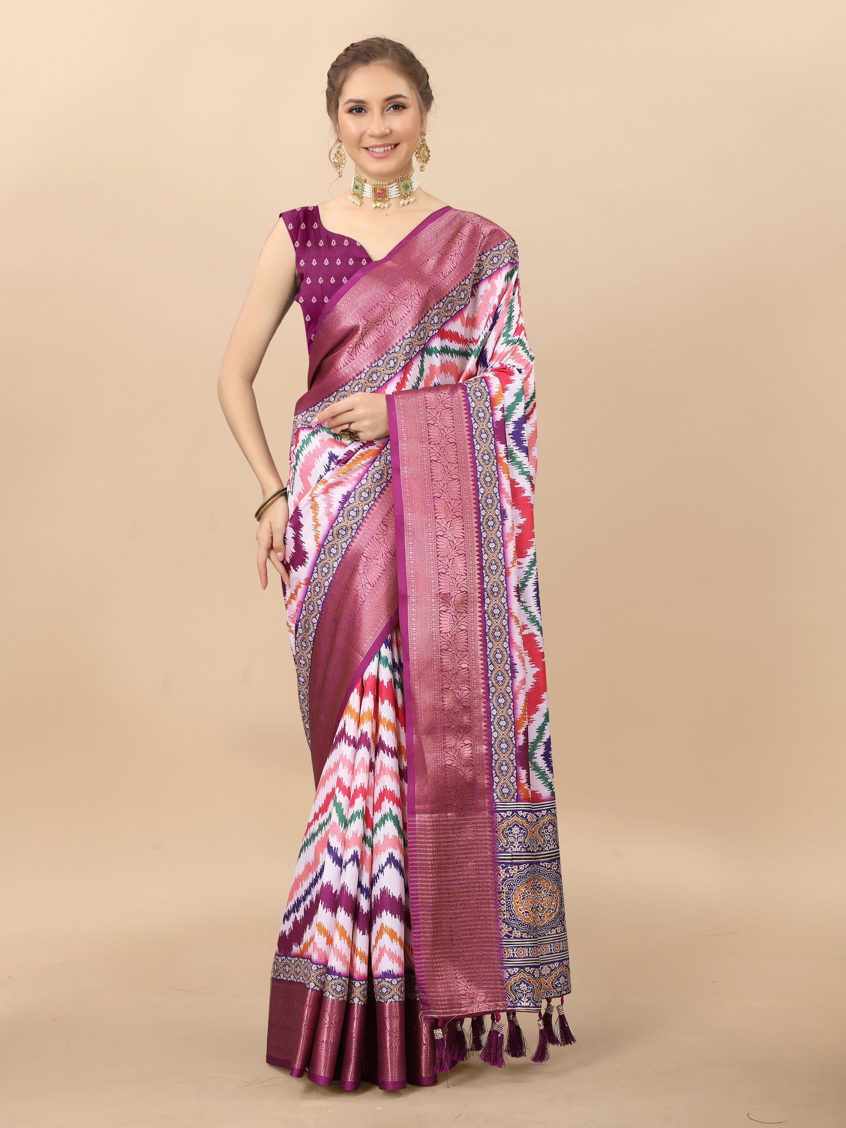 Lorenvalley Fashion Charming Zigzag Digital Print Saree With Heavy Rich Zari Border & Blouse - Mutlicolor