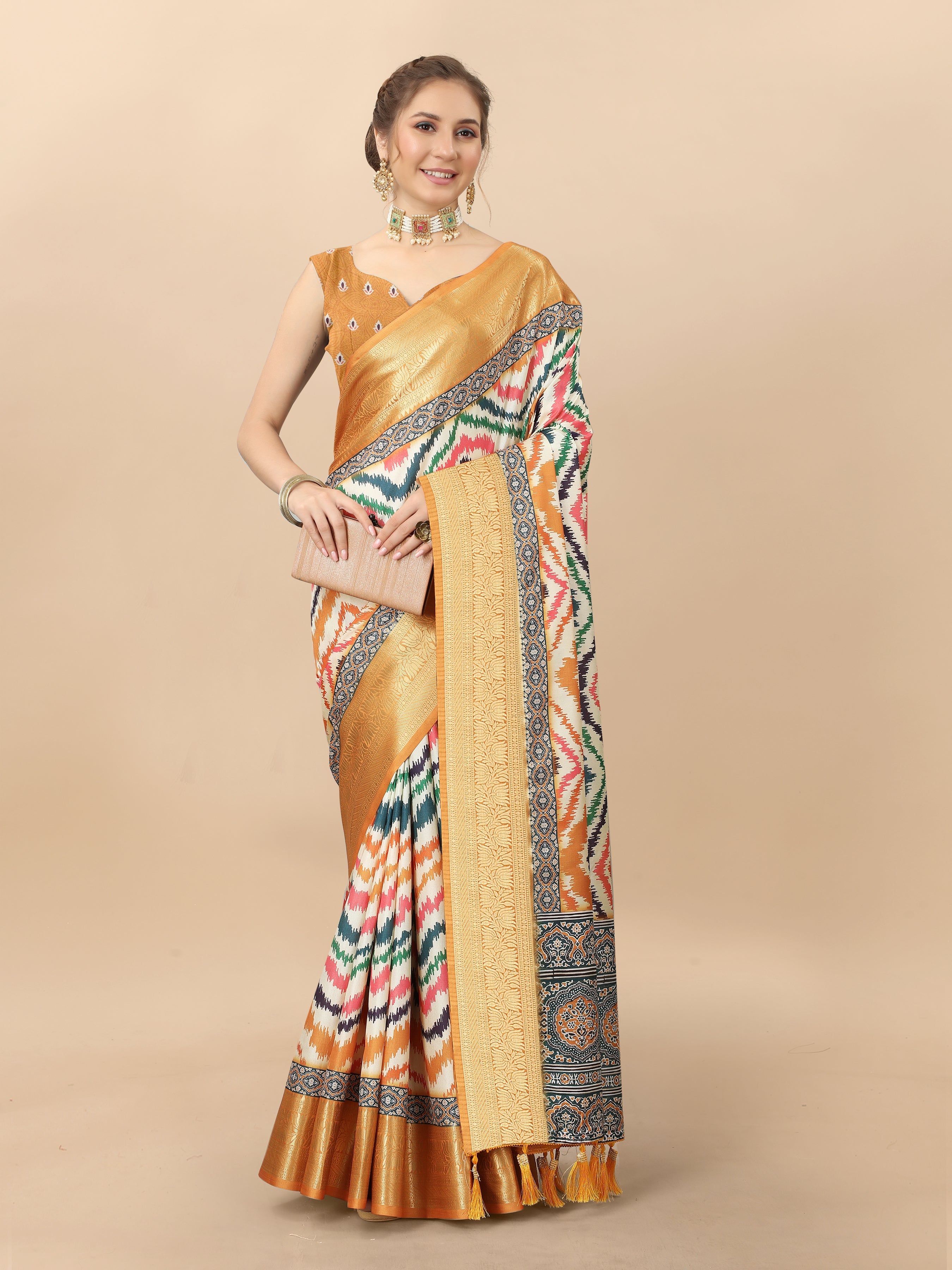 Lorenvalley Fashion Charming Zigzag Digital Print Saree With Heavy Rich Zari Border & Blouse - Mutlicolor