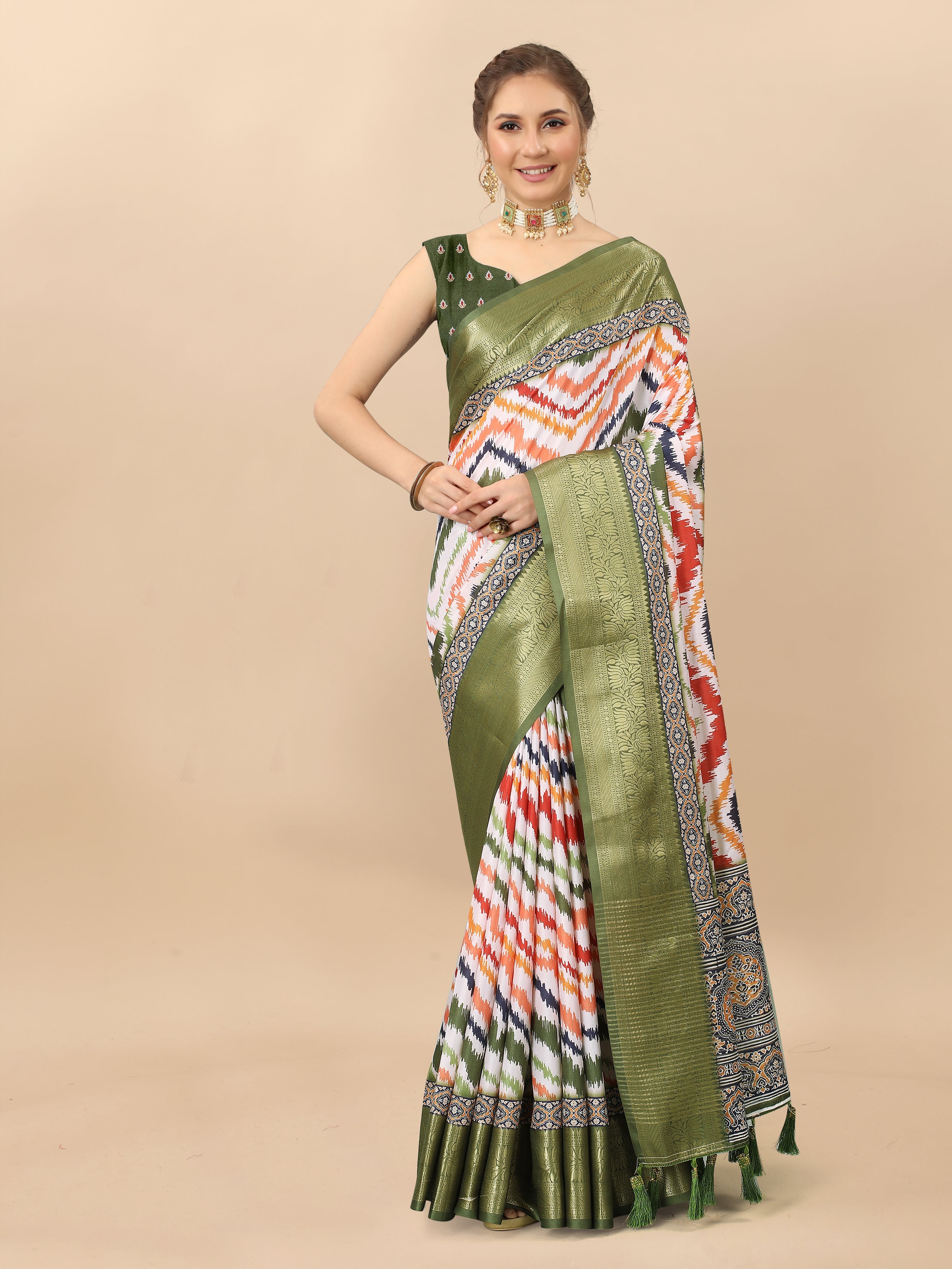 Lorenvalley Fashion Charming Zigzag Digital Print Saree With Heavy Rich Zari Border & Blouse - Mutlicolor