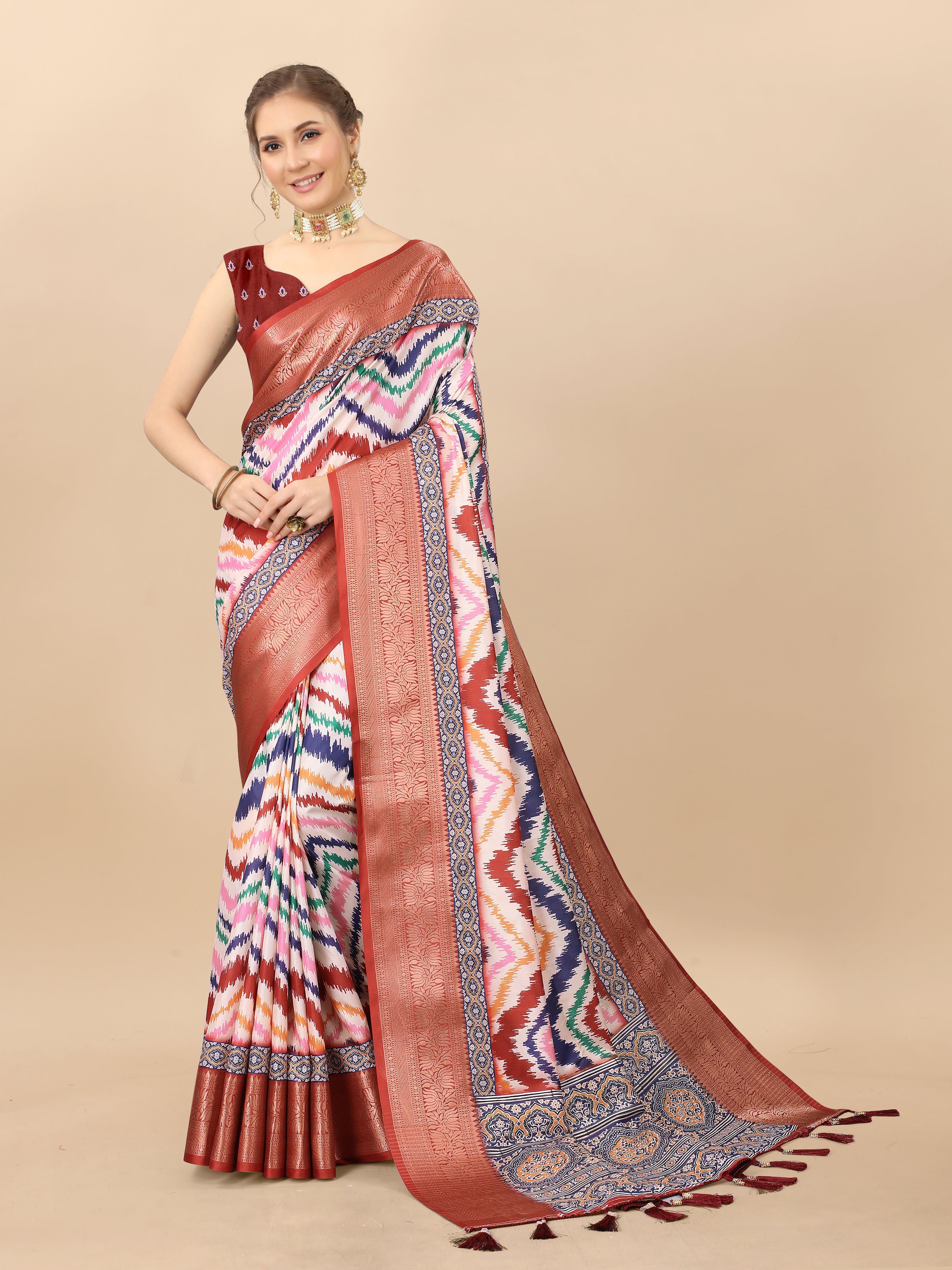 Lorenvalley Fashion Charming Zigzag Digital Print Saree With Heavy Rich Zari Border & Blouse - Mutlicolor
