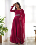 Lorenvalley Fashion Pink Georgette Anarkali Gown Dupatta Set With Pant Ready to Wear - Pink