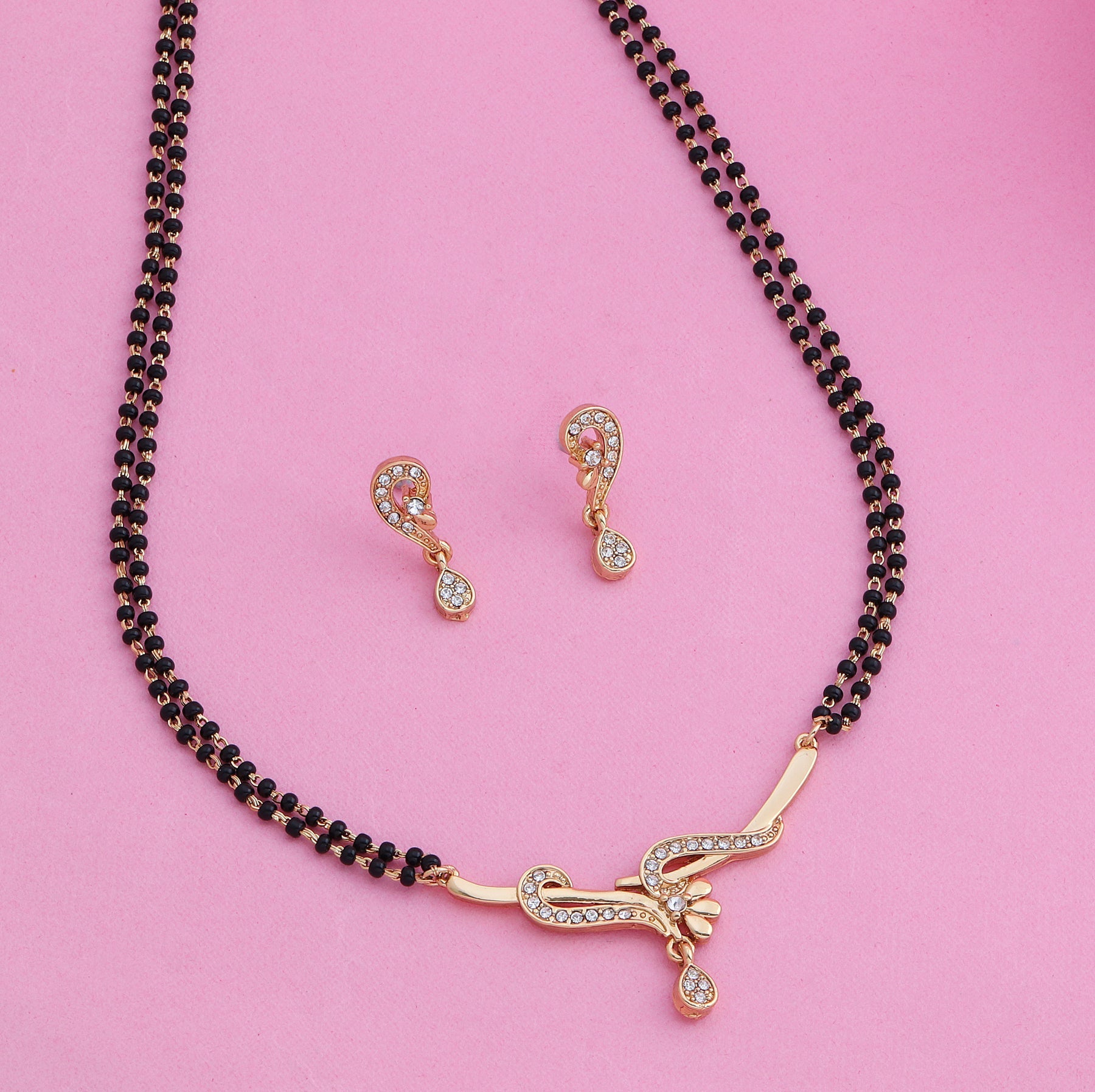 Estele Gold-Polished Twine Braid Mangalsutra Necklace Set with White Austrian Crystals for Women