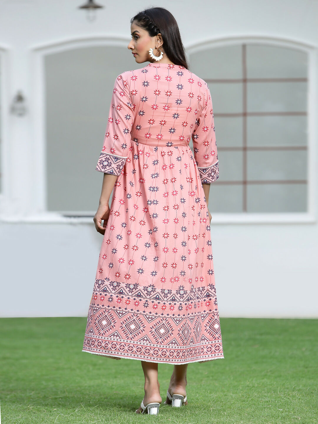 Juniper Peach Geometric Printed Pure Cotton Maxi Dress With Lace Work