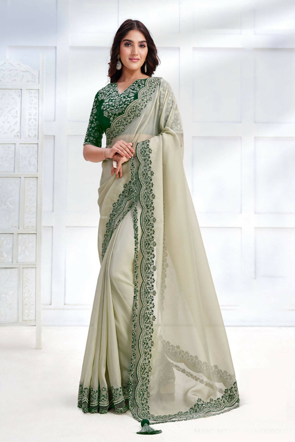 Green Net Organza Georgette Cord & Sequence Embroidered Saree - Mohmanthan Majestica