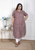 Miravan Women's Plus Size Cotton Floral Printed Cream A-Line Kurta with Buttons