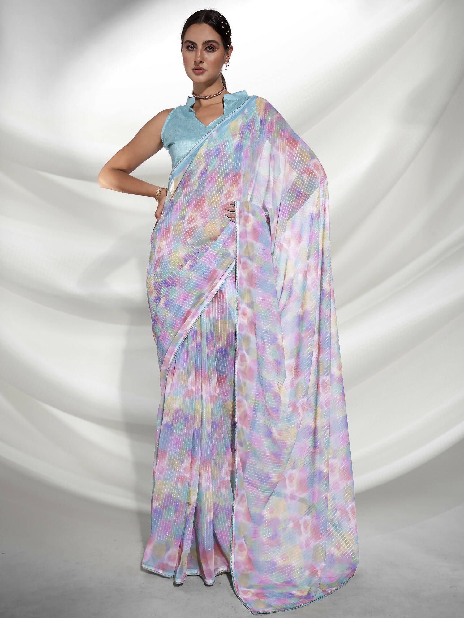 Blue Georgette Sequence Embroidery Saree With Unstitched Blouse Piece - Rajal