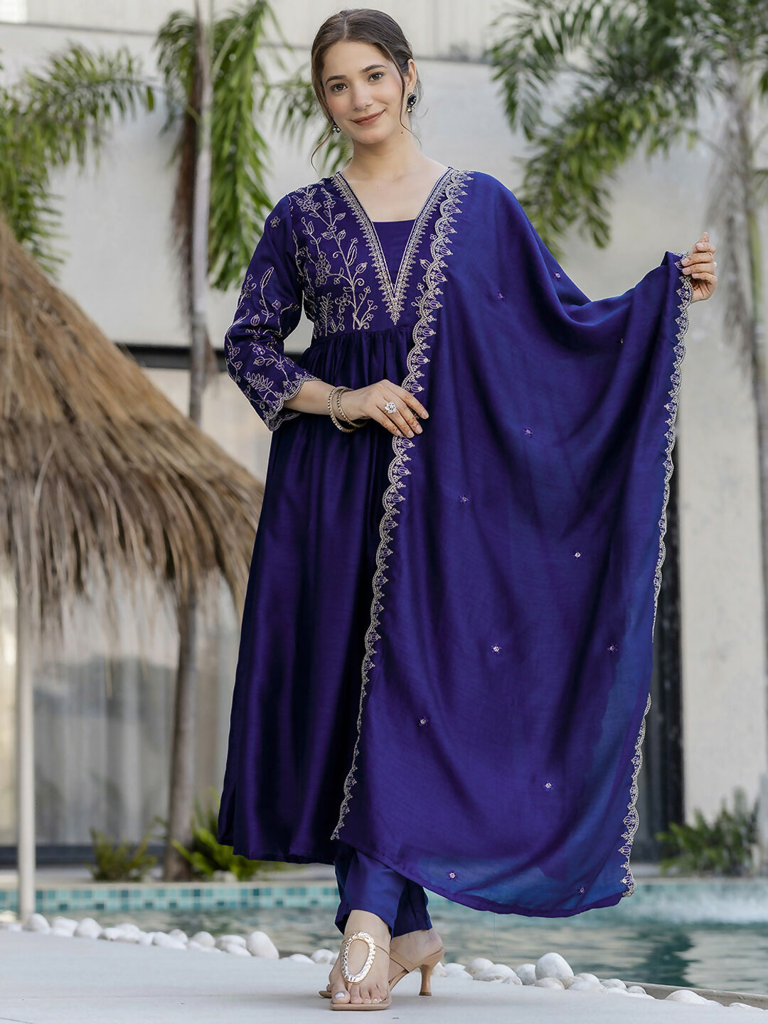 The52 Blue Women's Beautiful Embroidered Vichitra Silk Fabric with Flared Kurta, Pant and Dupatta Set