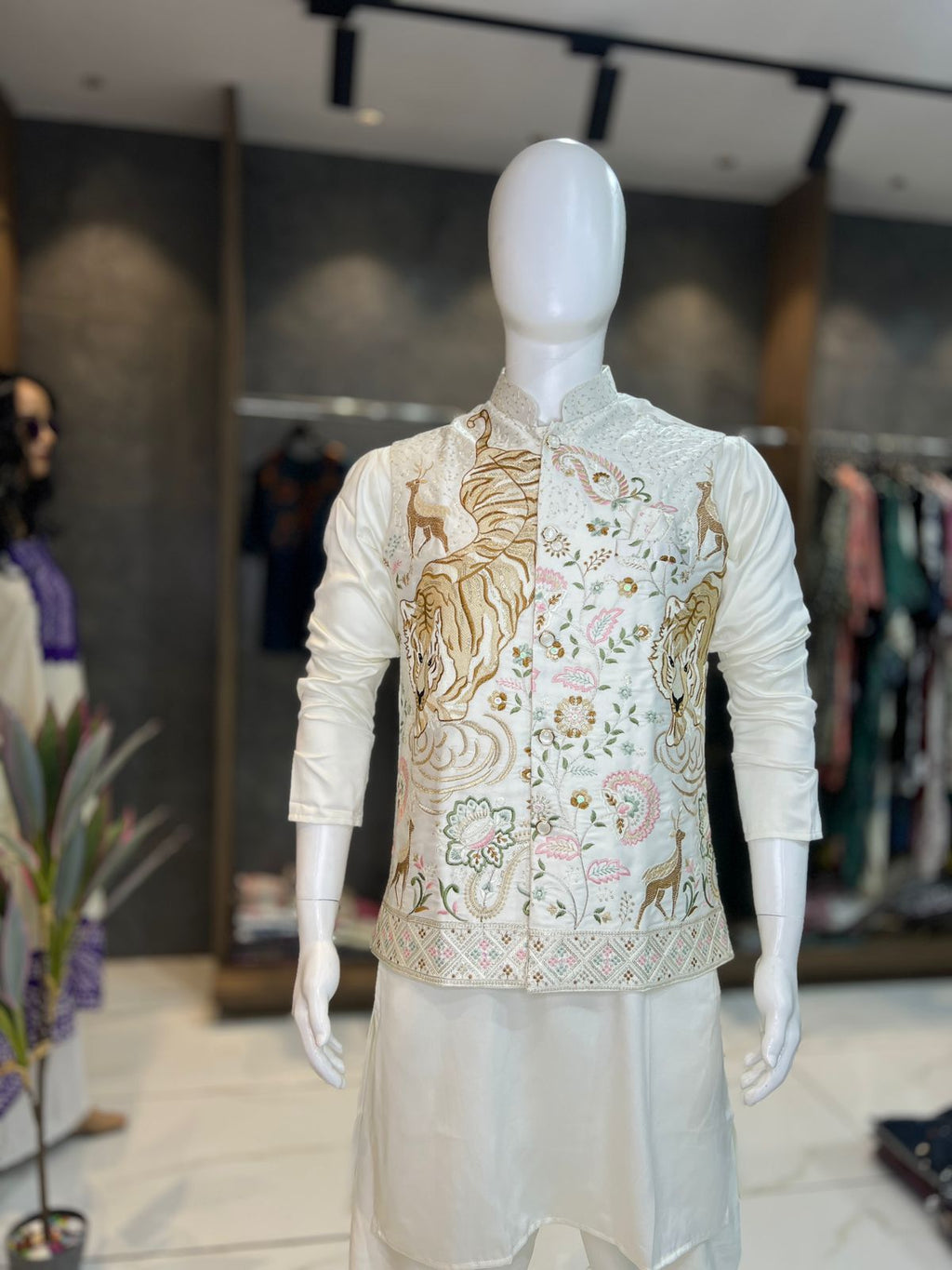 SDF Ready to Wear Creamy White Kurta Koti Pyjama set