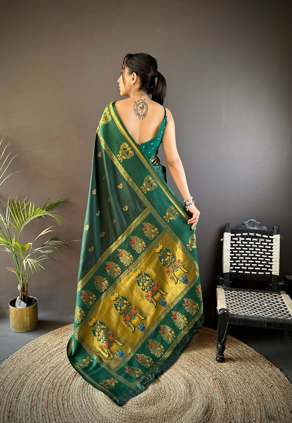 Joban Fashion Dark Green Meenakari Weaving Paithani Sarees