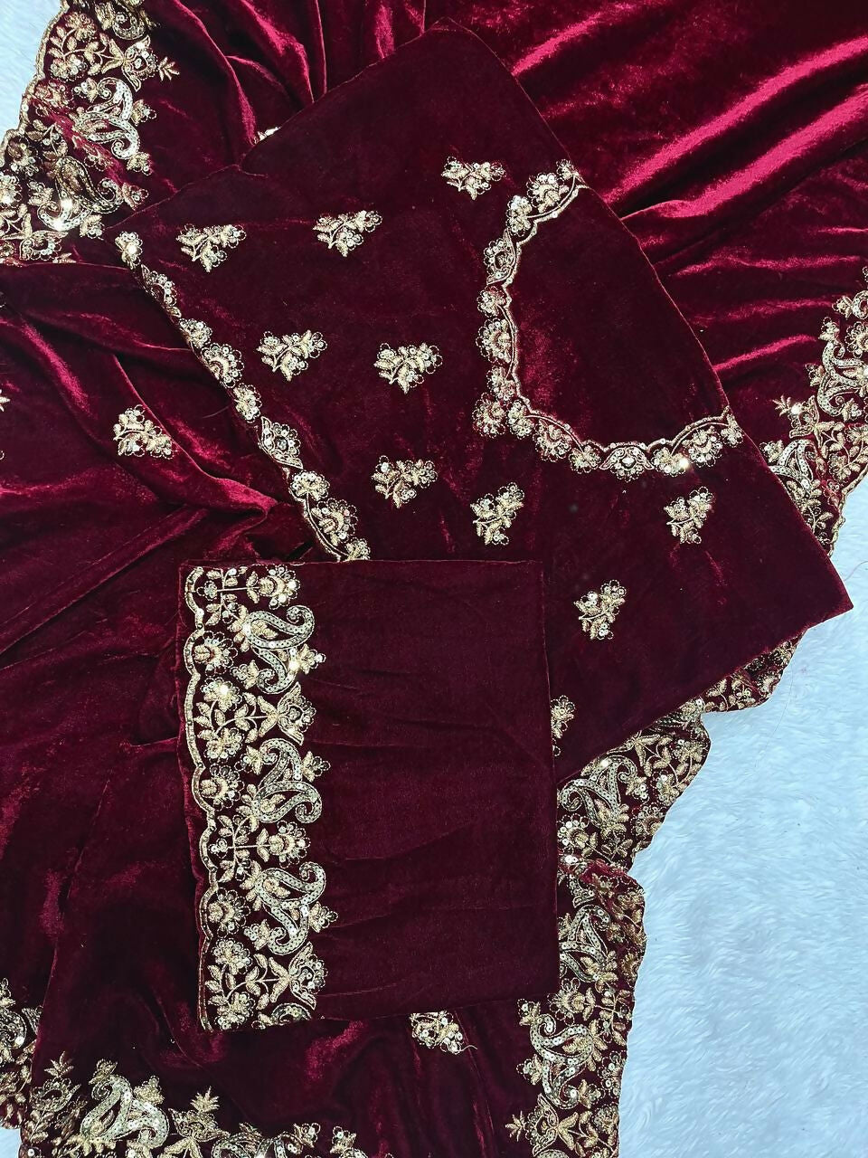 Vastranavya Designer Velvet Sequence & Zari Thread Embroidery work with border and Cutwork Saree - Wine