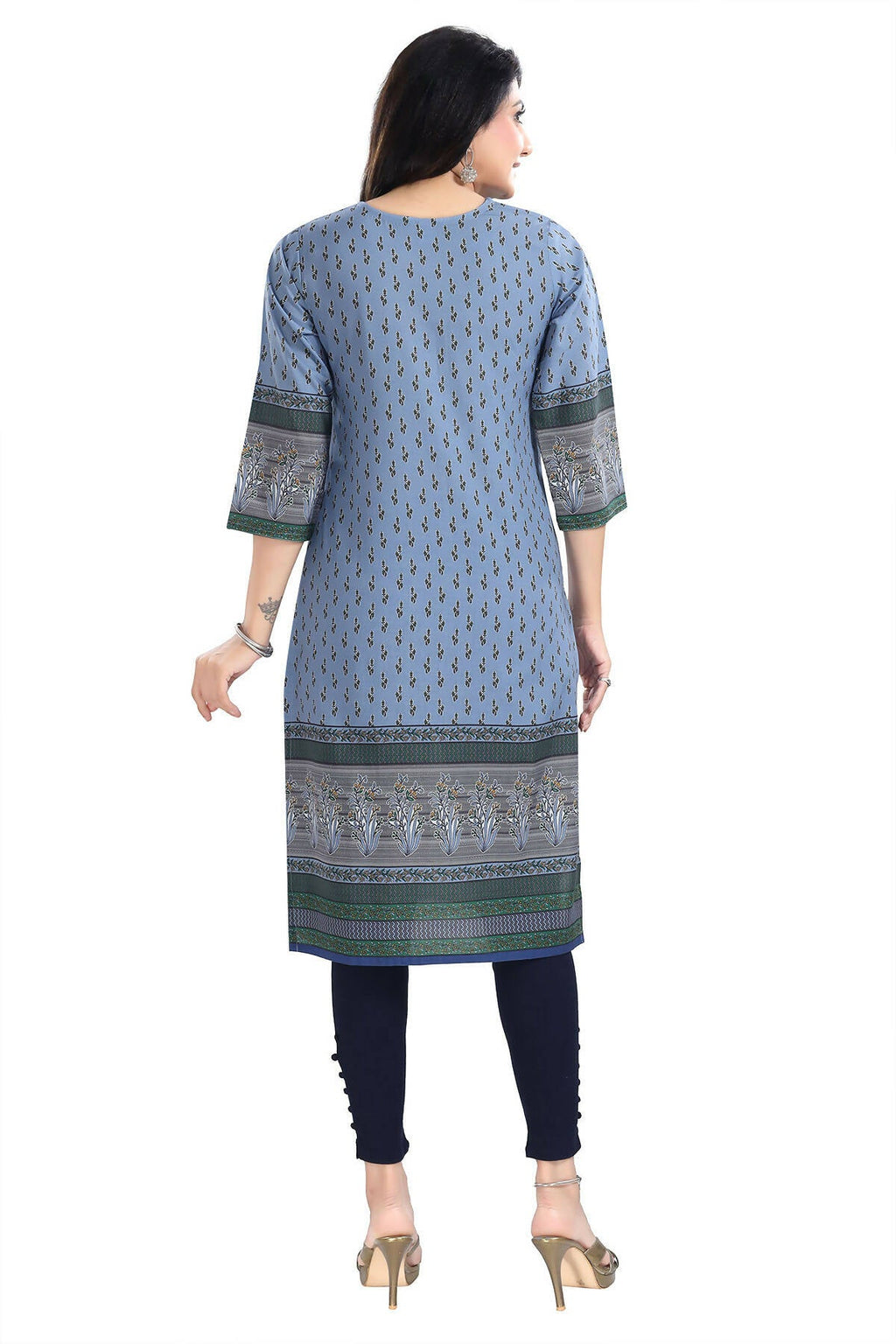 Snehal Creations Aesthetic Blue Digital Print Cotton Slub Long Kurti Tunic