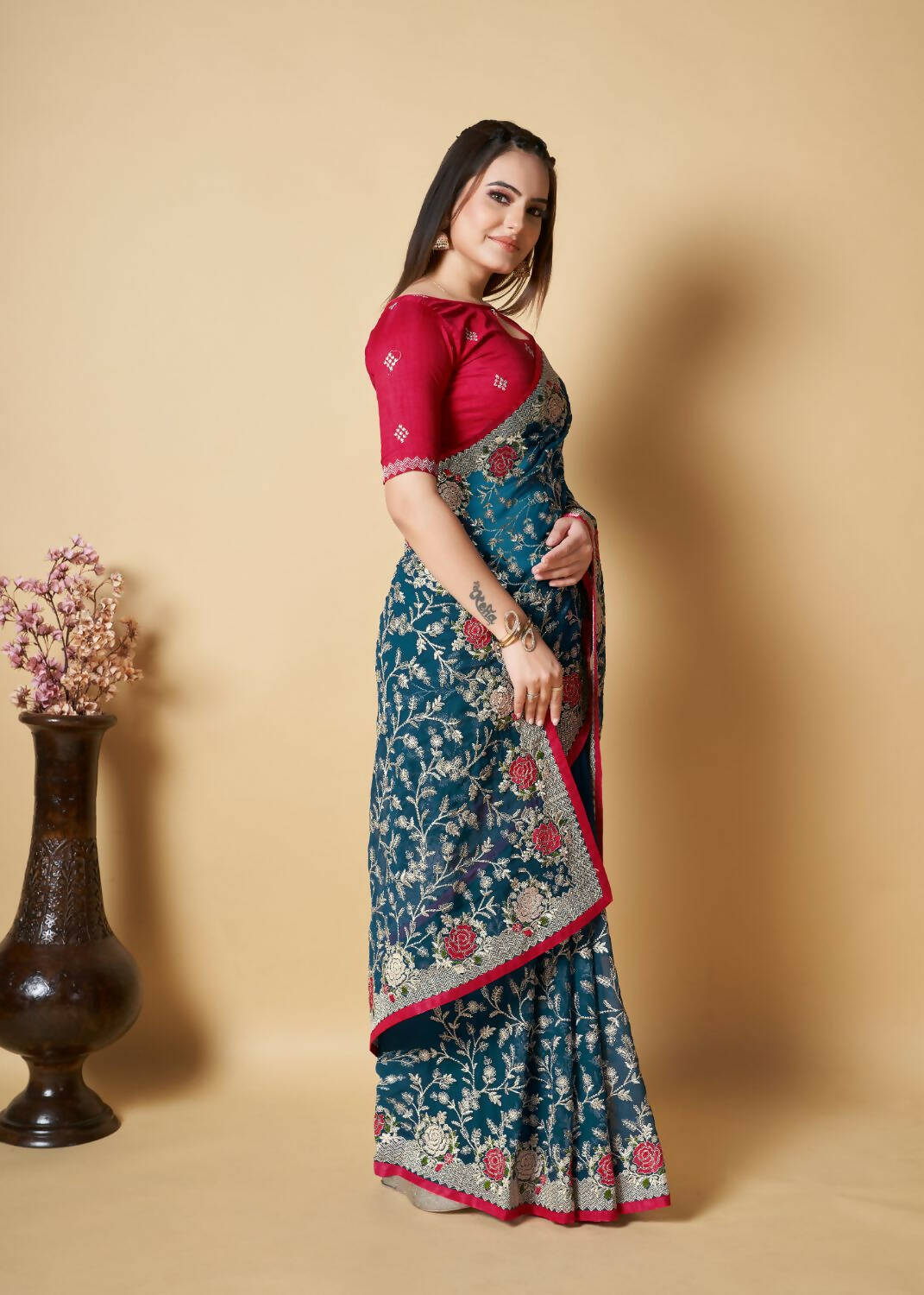 Vamsee Teal Organza Saree