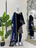 Vastranavya Navy Blue Viscose Velvet Sequence Embroidery Work Kurta & Bottom With Dupatta