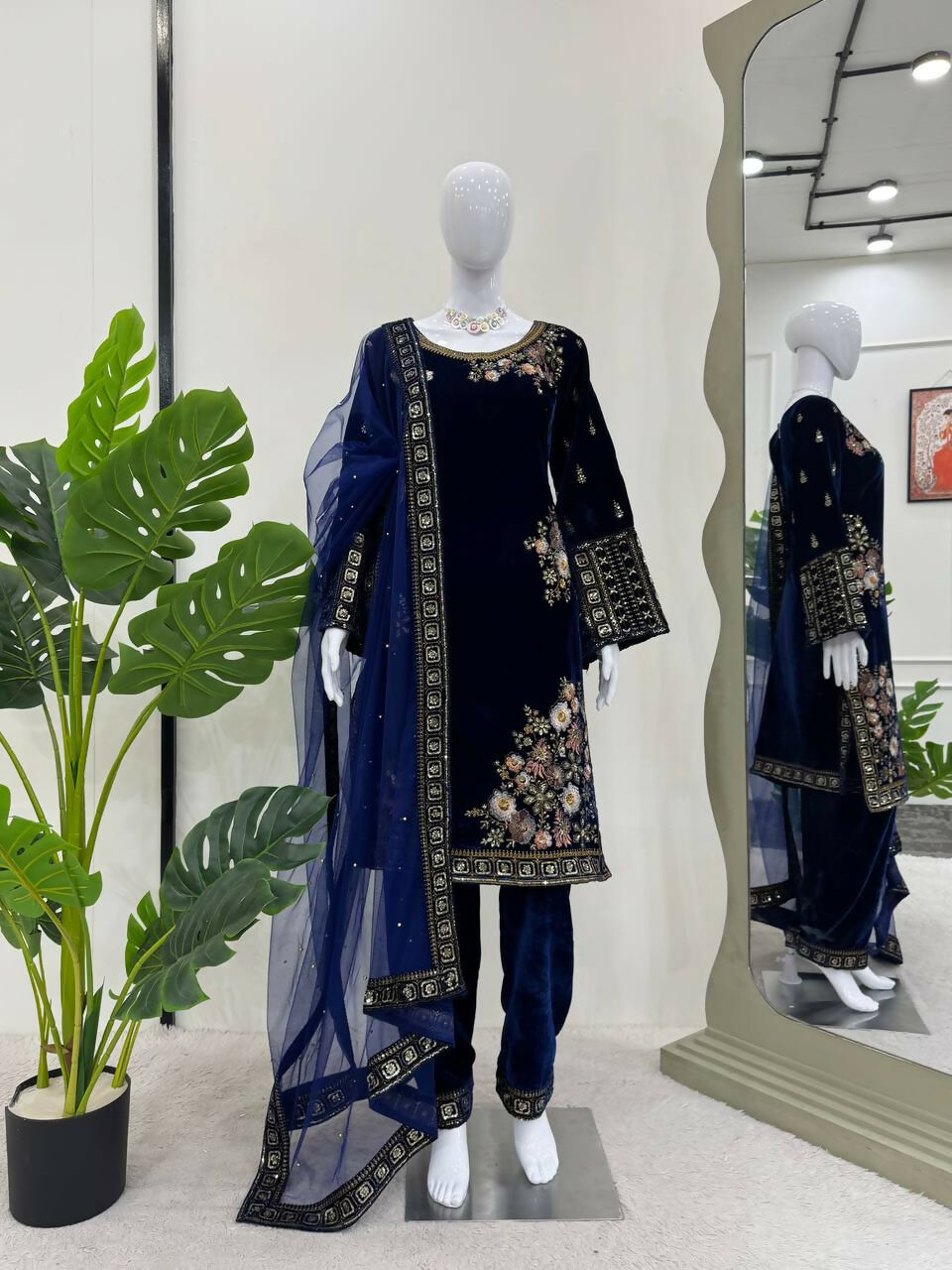 Vastranavya Navy Blue Viscose Velvet Sequence Embroidery Work Kurta & Bottom With Dupatta