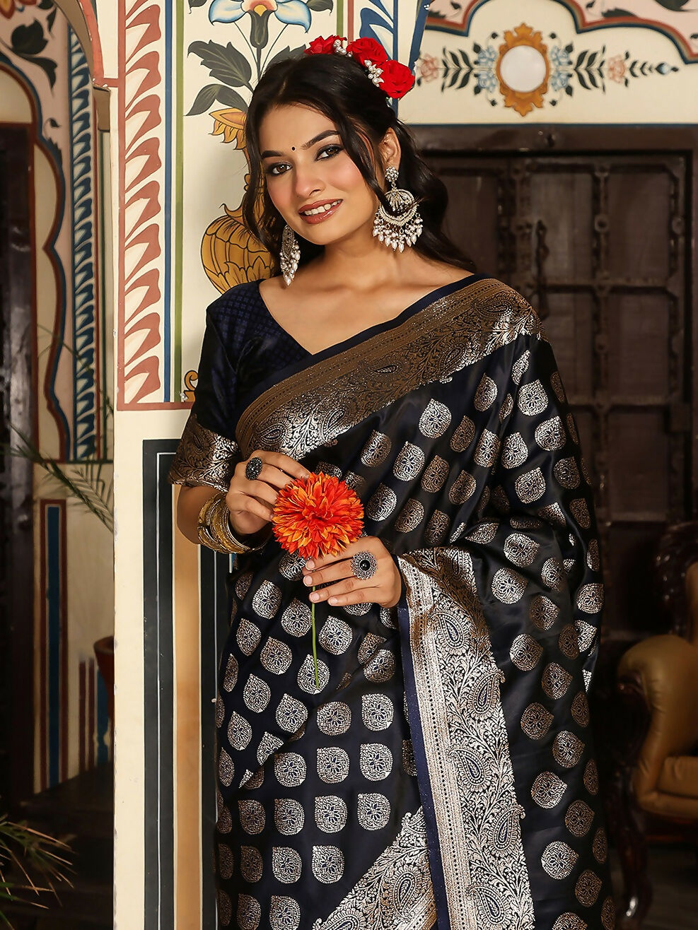 Shree Shyam Fashion Navy Blue Silk Saree