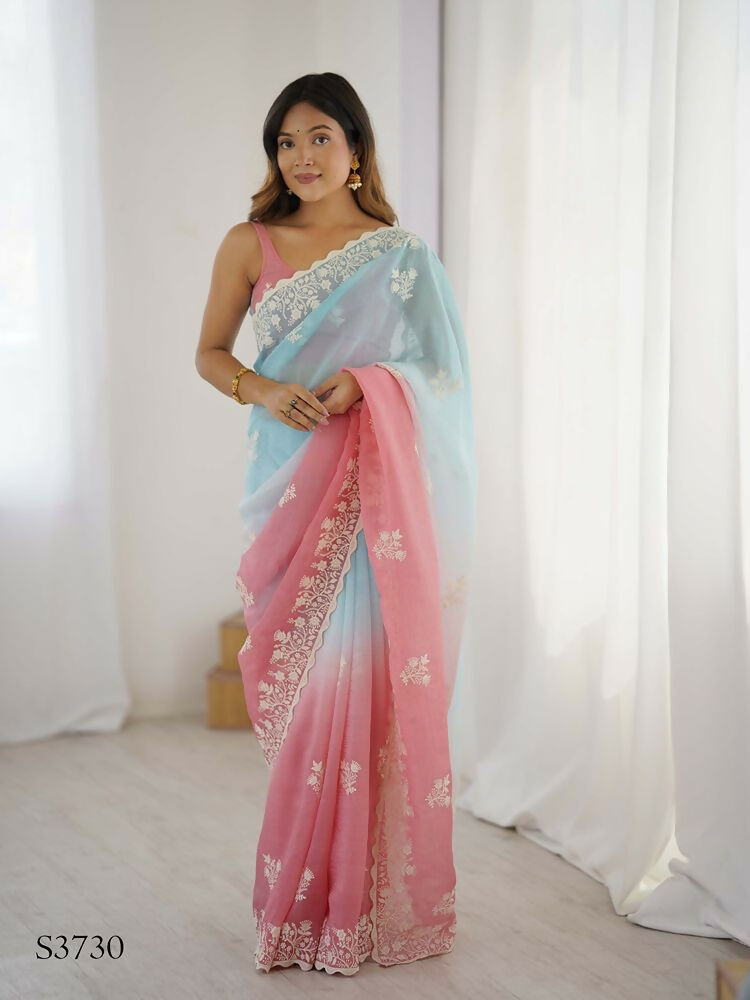 Rust Crunchy Silk Embroidery Work Party Wear Saree - Lakshita