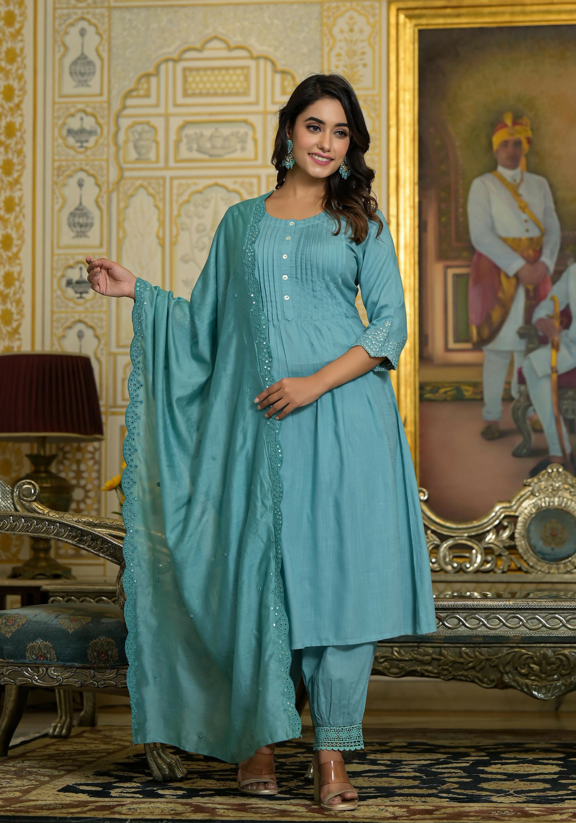 Juniper Women's Sky Blue Mirror Embroidered Liva Rayon Kurta Pant And Dupatta Set With Lace & Button Detail