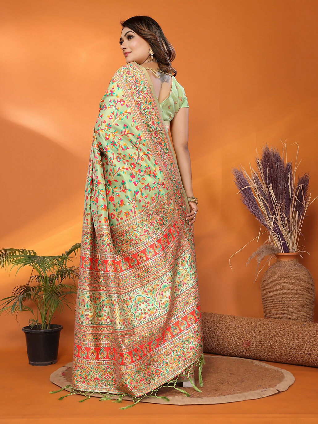 Joban Fashion Pastel Green Meena Weaves Pashmina Sarees