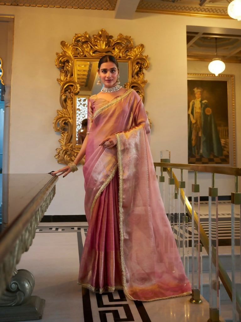 Vastranavya Baby Pink Tissue Shimmer Zari Weaving Work Saree with Unstitched Blouse