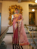 Vastranavya Baby Pink Tissue Shimmer Zari Weaving Work Saree with Unstitched Blouse