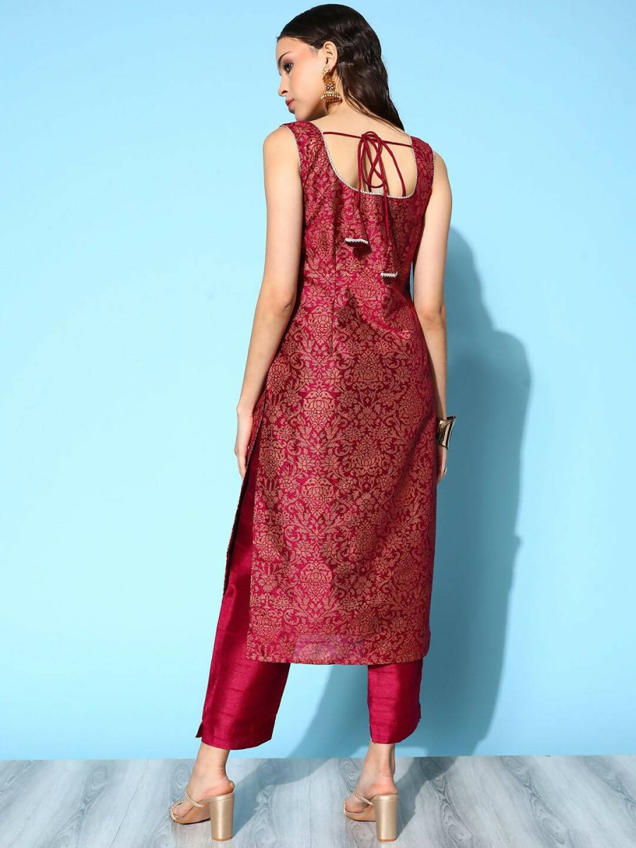Ahalyaa Women's Wine Poly Silk Gold Paste Printed Kurta Pant Set