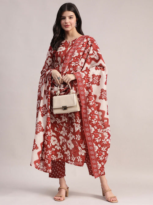 Aavyora Women Maroon Floral Printed Kurta with Printed Pants & Dupatta Set