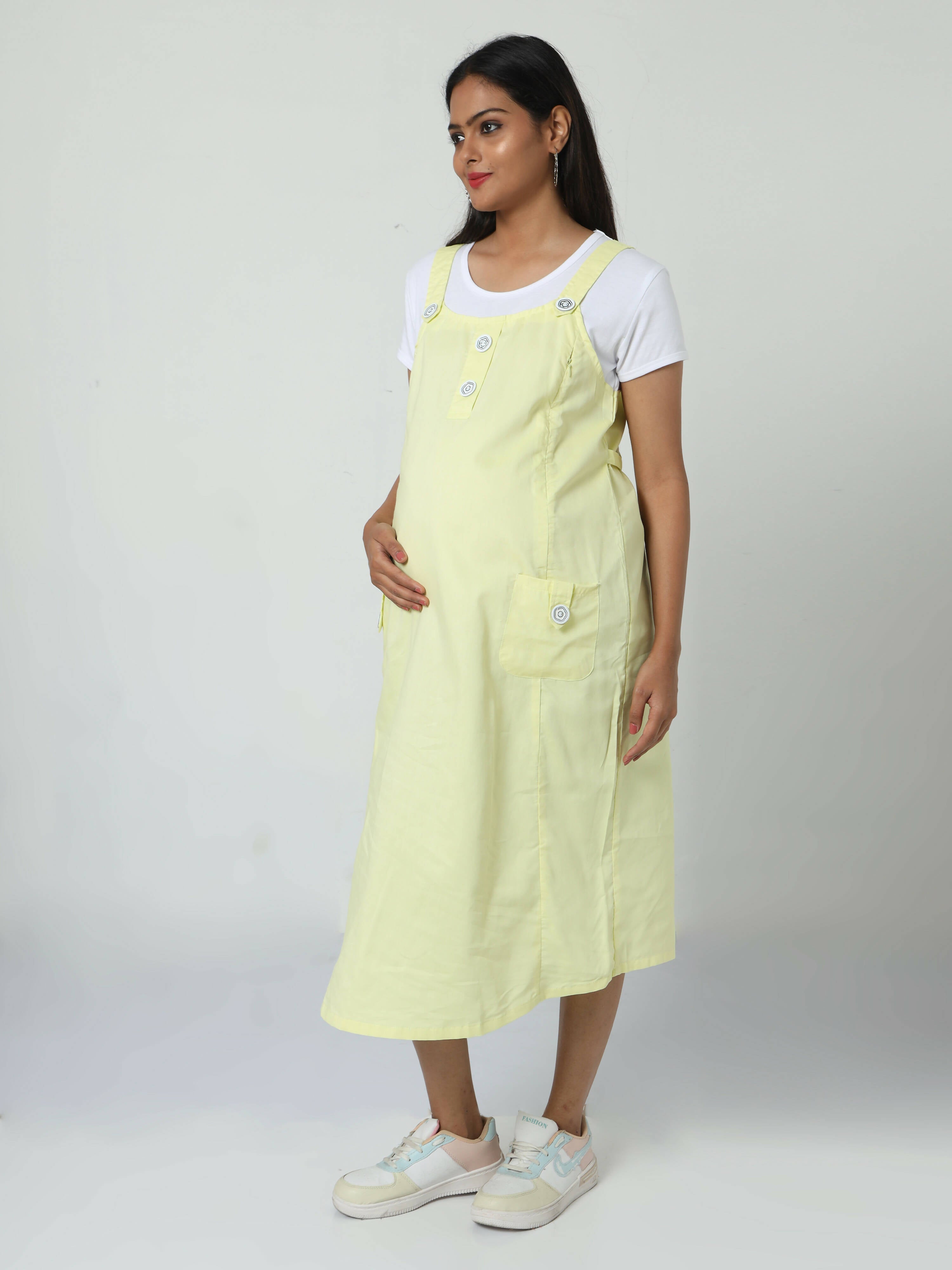 Manet Half Sleeves Solid Maternity Dress With Concealed Zipper Nursing Access - Yellow