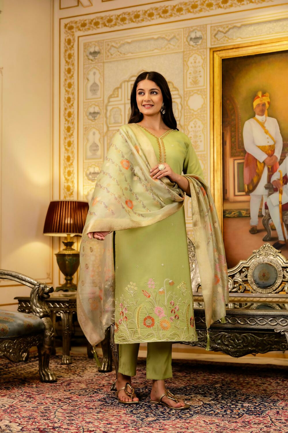 The52 Lemons Women's Beautiful Viscose Shimmer Fabric Embroidered Work Straight Kurta Pant and Dupatta Set