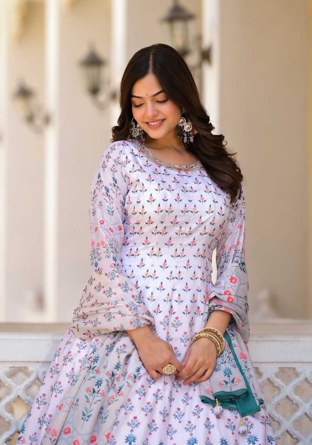 Partywear Designer White Dola Silk Anarkali suit with Dupatta- Samyukta