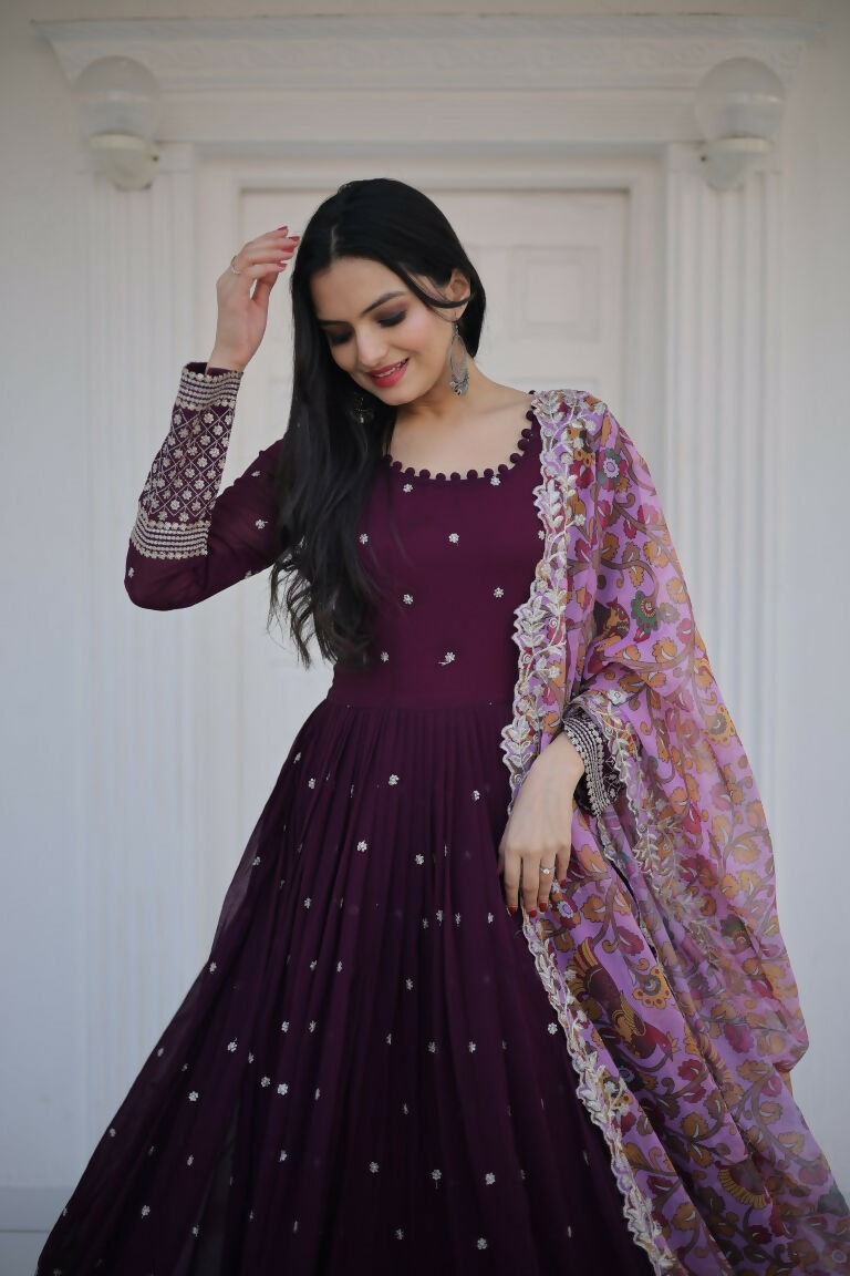 Jyoti Fashion Women's Wine Faux Blooming Sequence Zari Embroidered Anarkali Dress with Dupatta