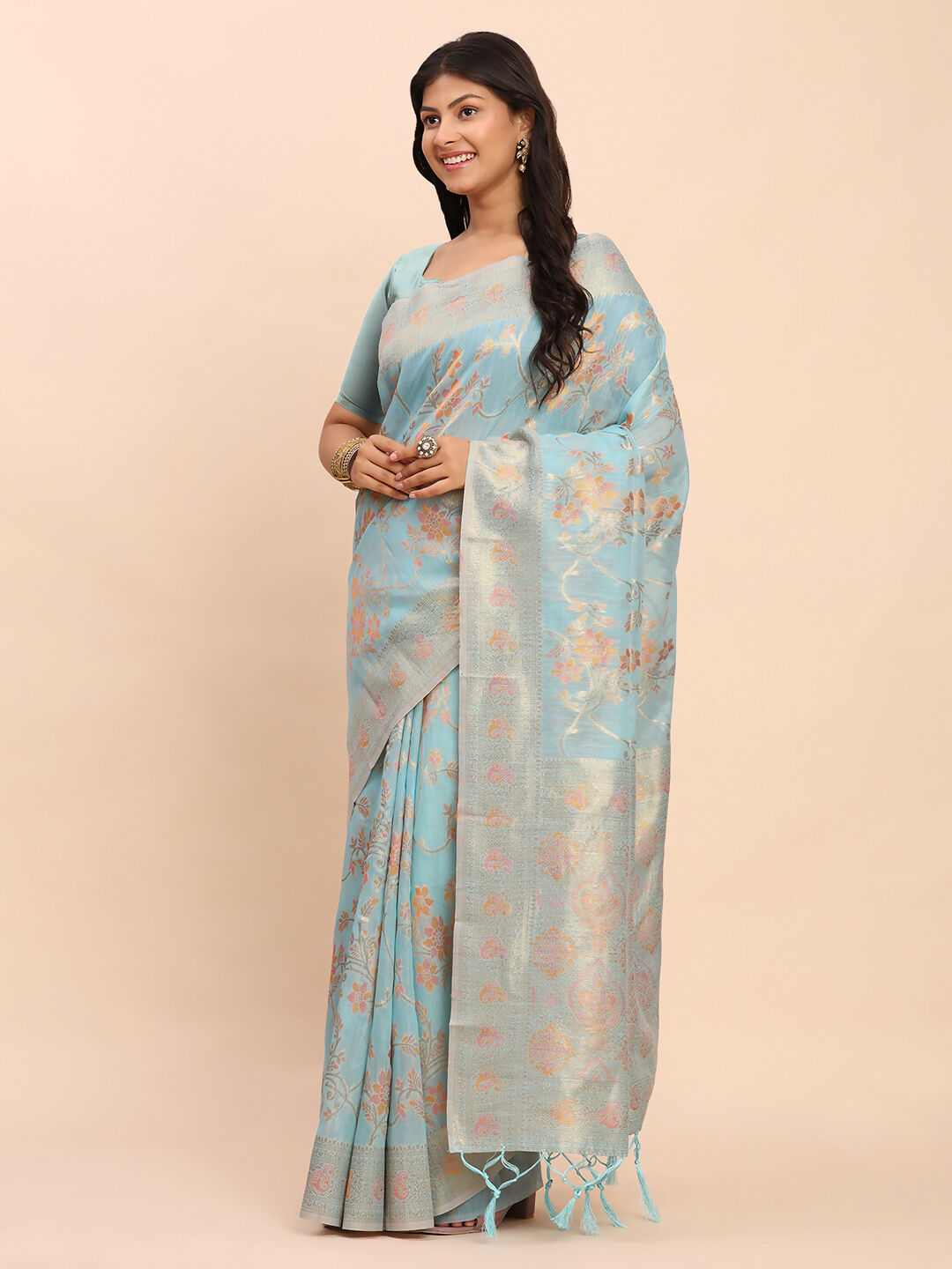Shree Shyam Fashion Linen Cotton Sky Blue Saree
