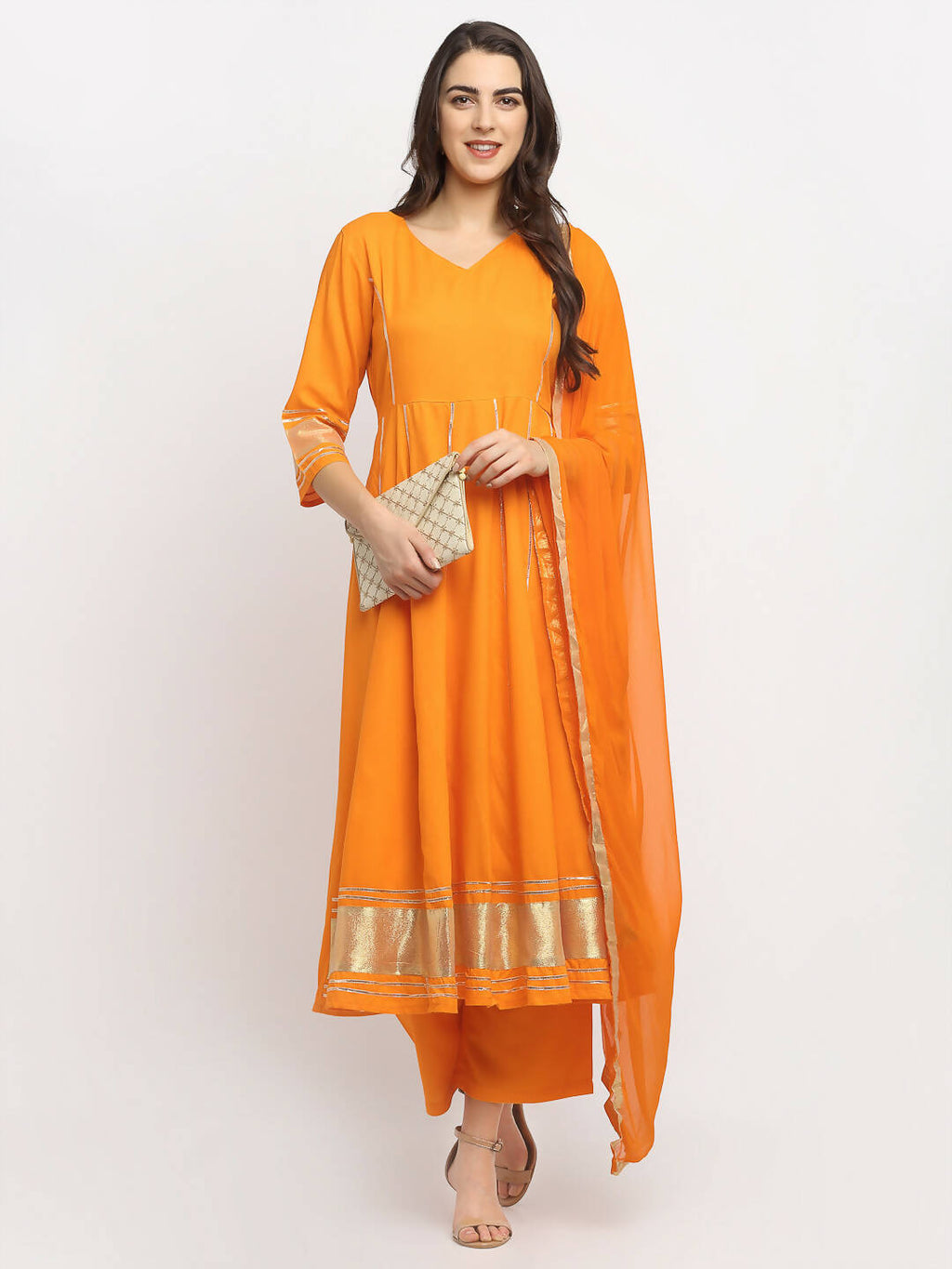 Rudra Bazaar Orange Anarkali Lace Work Kurta with Pyjamas & Dupatta