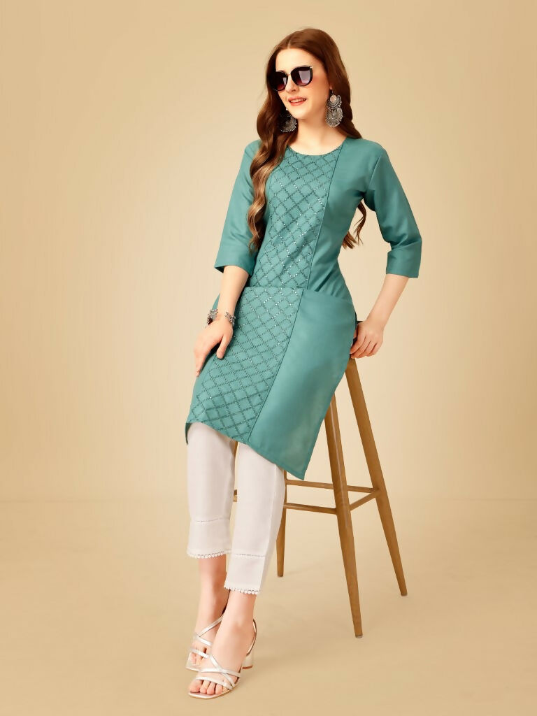 Jyoti Fashion Women's Teal Cotton Blend Embroidered Kurta Pant Set