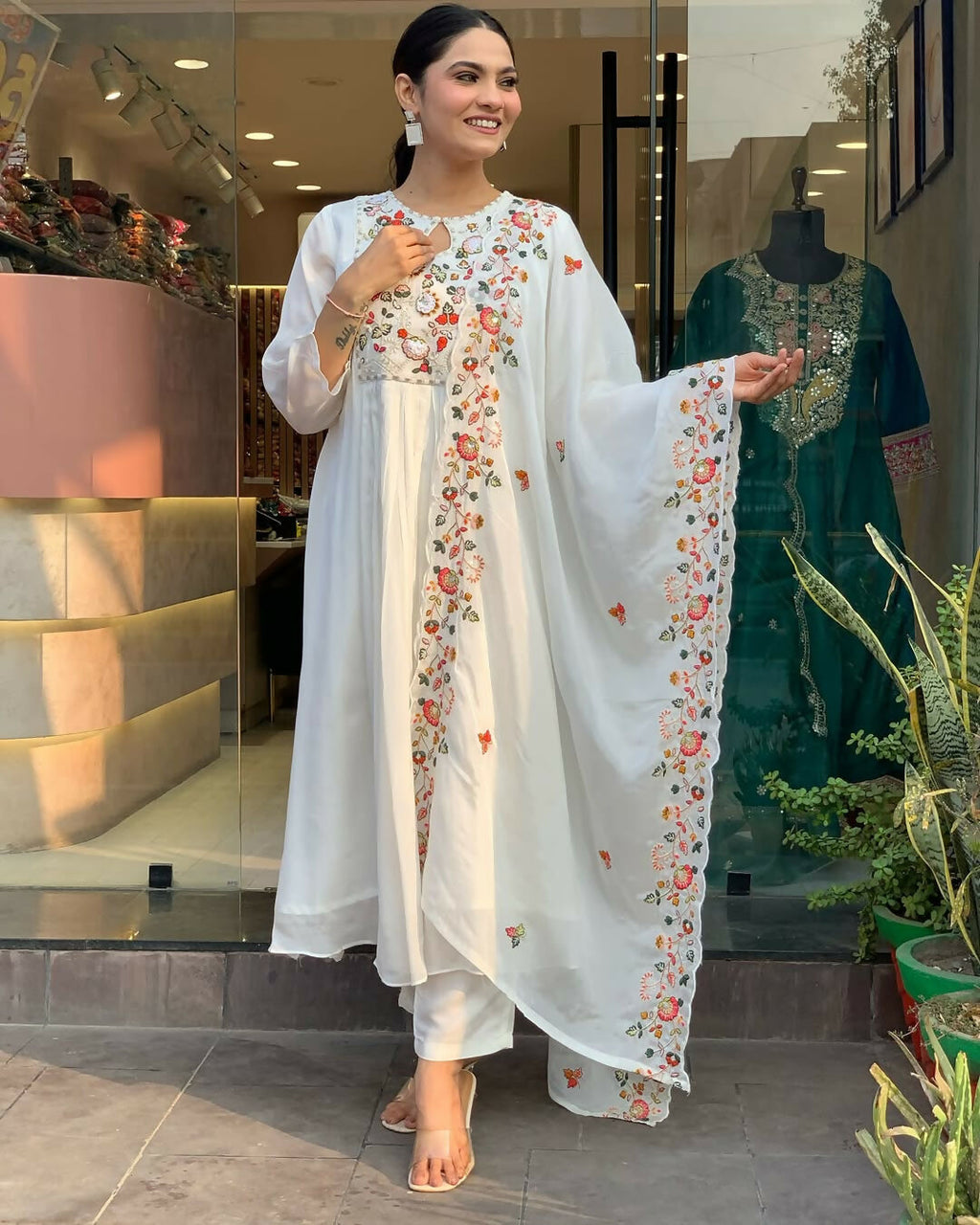 The52 White Women's Gorgeous Embroidered Viscose Chiffon Fabric Pleated Kurta Pant with Dupatta Set