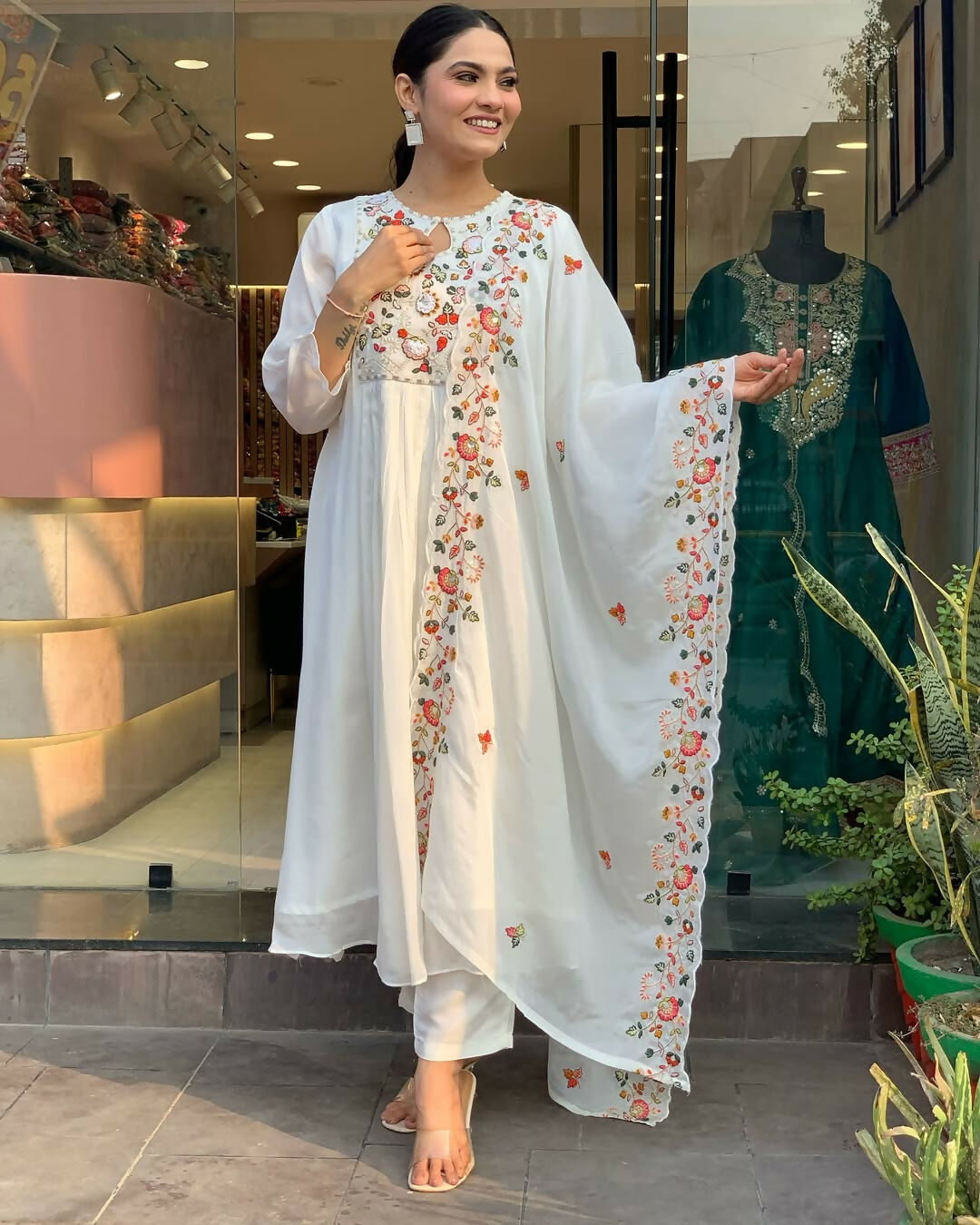 The52 White Women's Gorgeous Embroidered Viscose Chiffon Fabric Pleated Kurta Pant with Dupatta Set