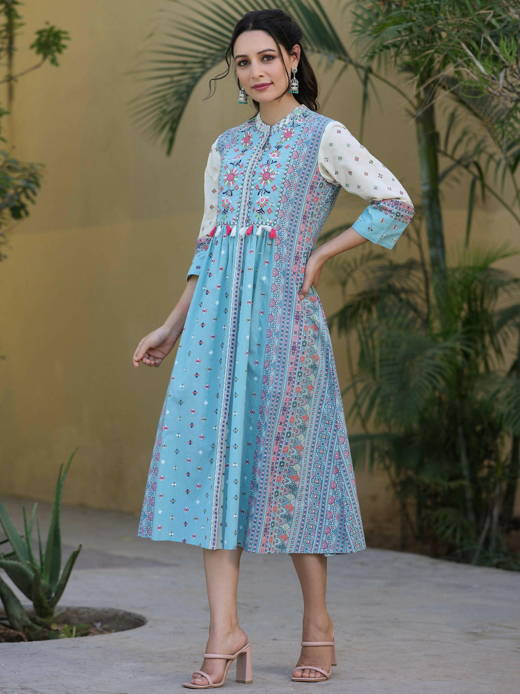 Juniper Women's Skyblue Cambric Printed Flared Dress