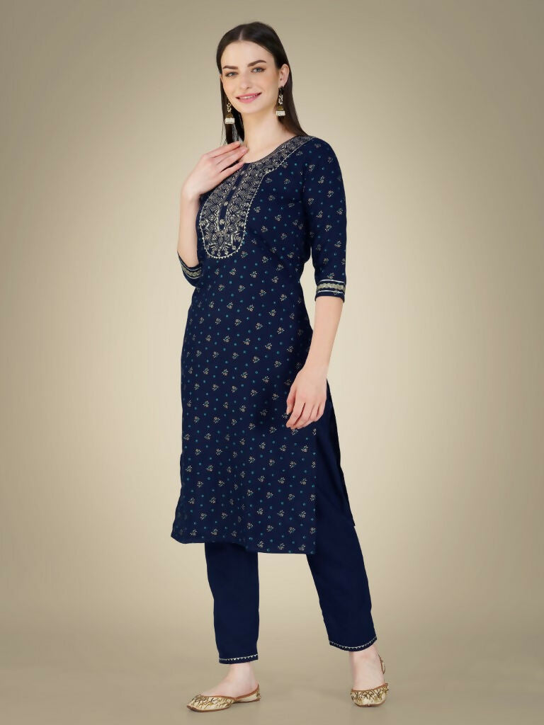 Jyoti Fashion Women's Navy Blue Cotton Magic Slub Embroidery & Sequence work Kurta with Trouser & Dupatta