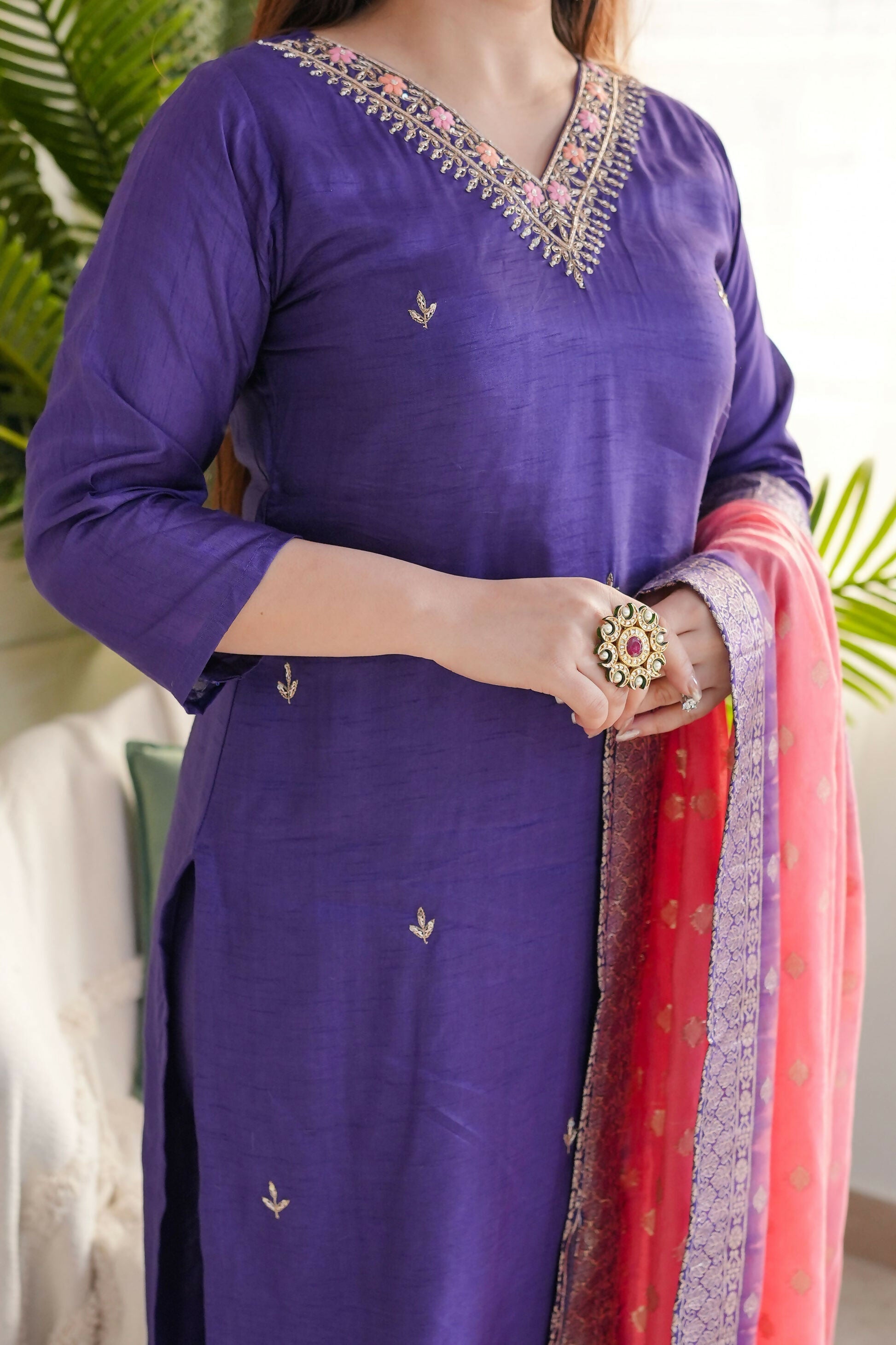 The52 Purple Women's Gorgeous Embroidered Vichitra Fabric Straight Kurta Pant with Dupatta Set