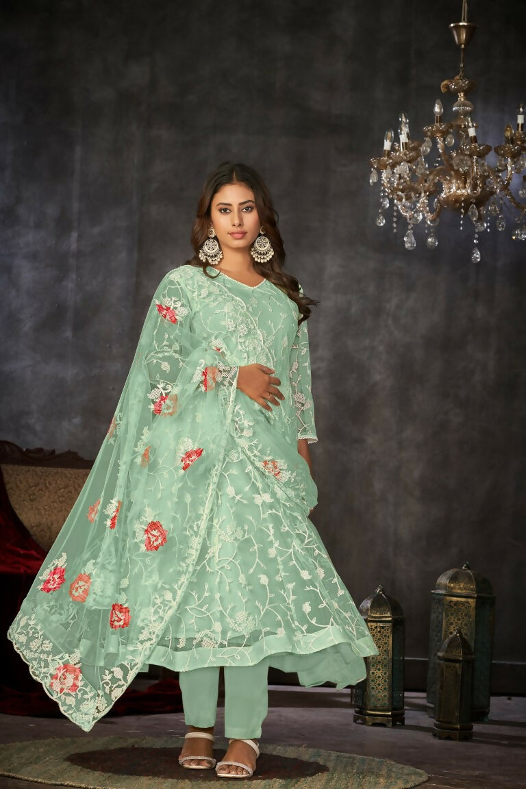 Jyoti Fashion Women's Sea Green Net Embroidered Anarkali Kurta Pant Set With Dupatta