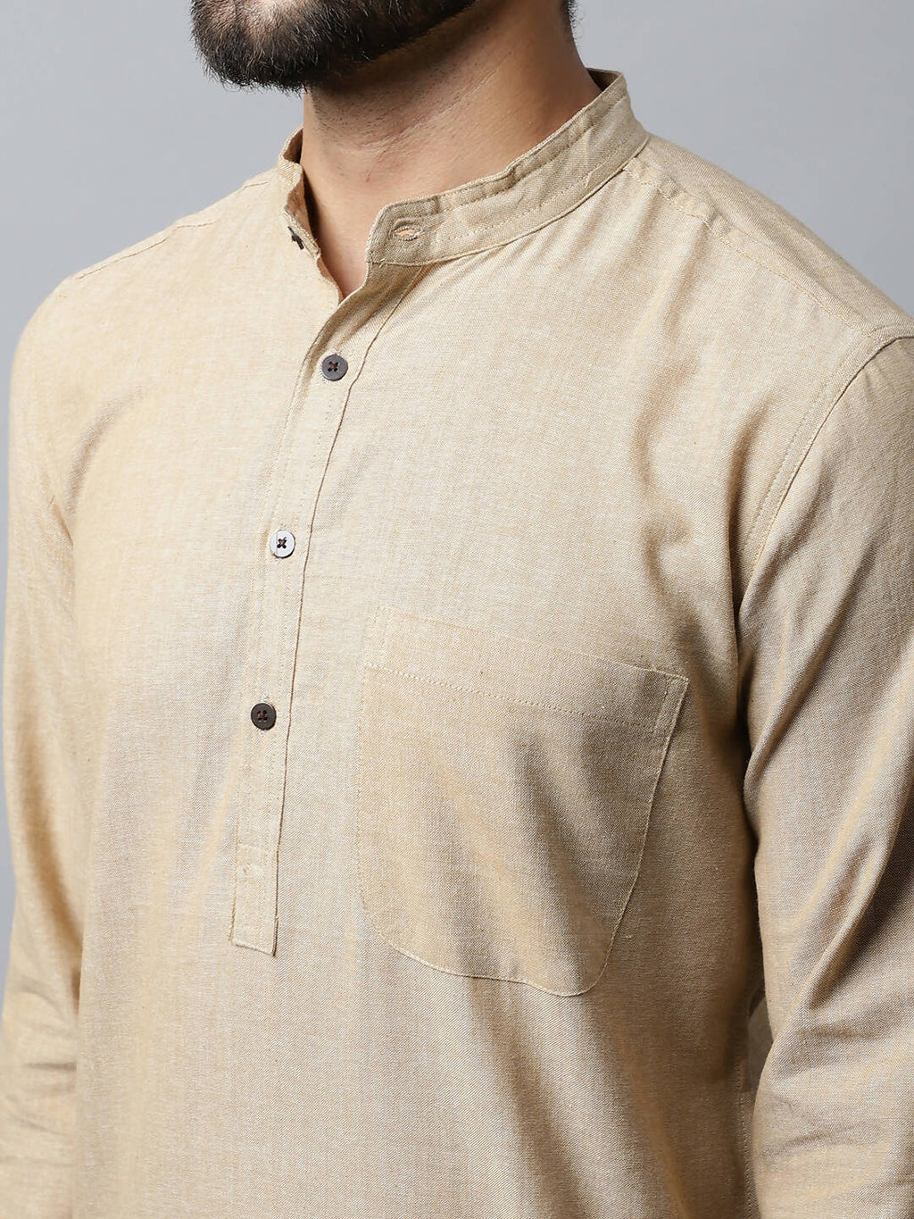 Even Apparels Beige Color Pure Cotton Men's Kurta With Band Collar (SLD1196)