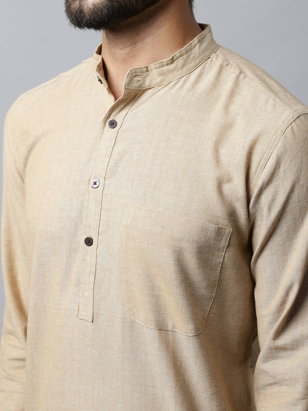 Even Apparels Beige Color Pure Cotton Men's Kurta With Band Collar (SLD1196)