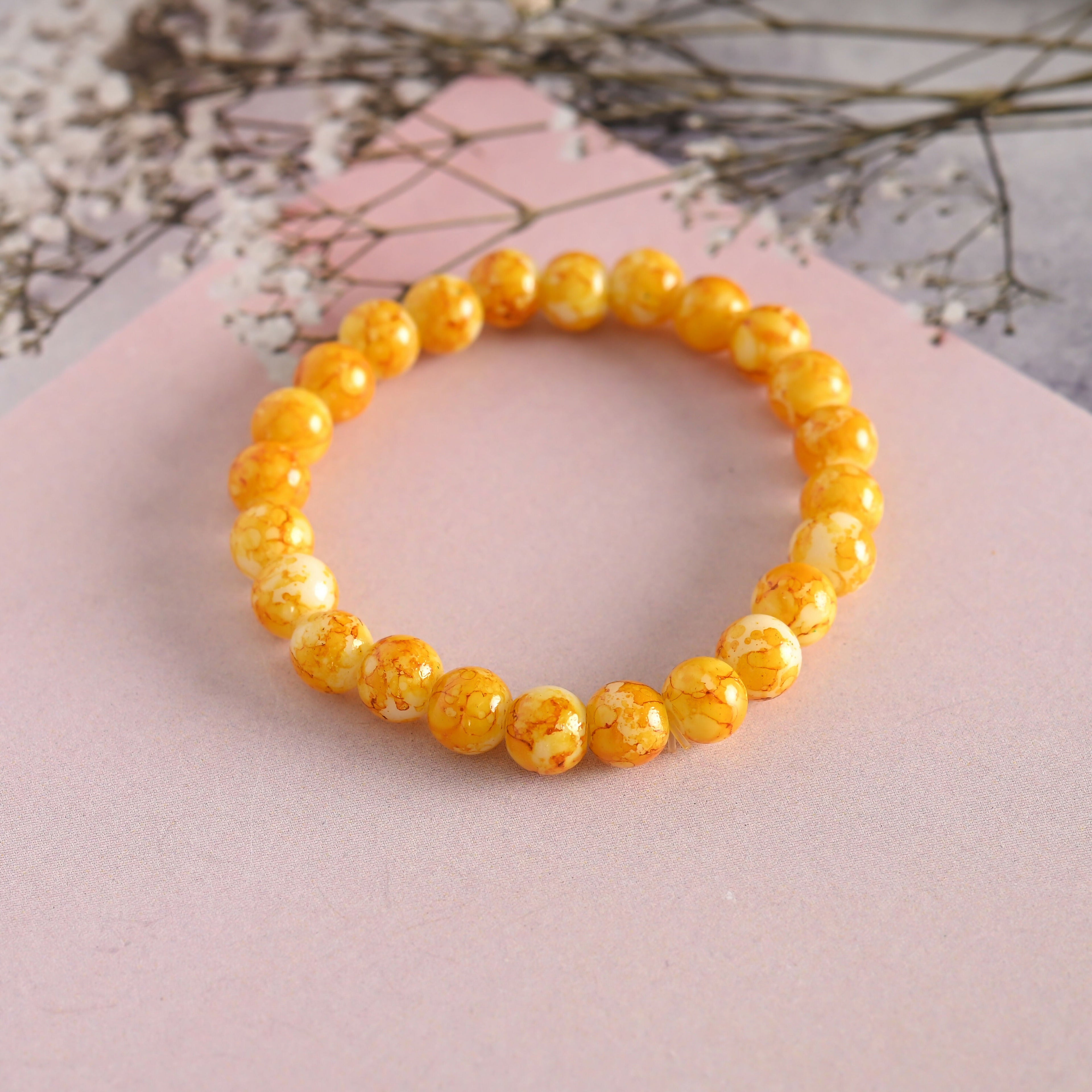 NVR Men & Women Yellow Marbel Crystal Elasticated Bracelet