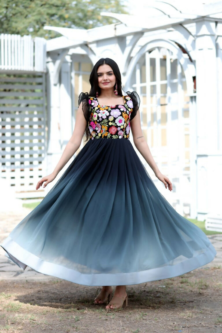 Jyoti Fashion Women's Black Sequins Embroidery Faux Blooming Anarkali Dress