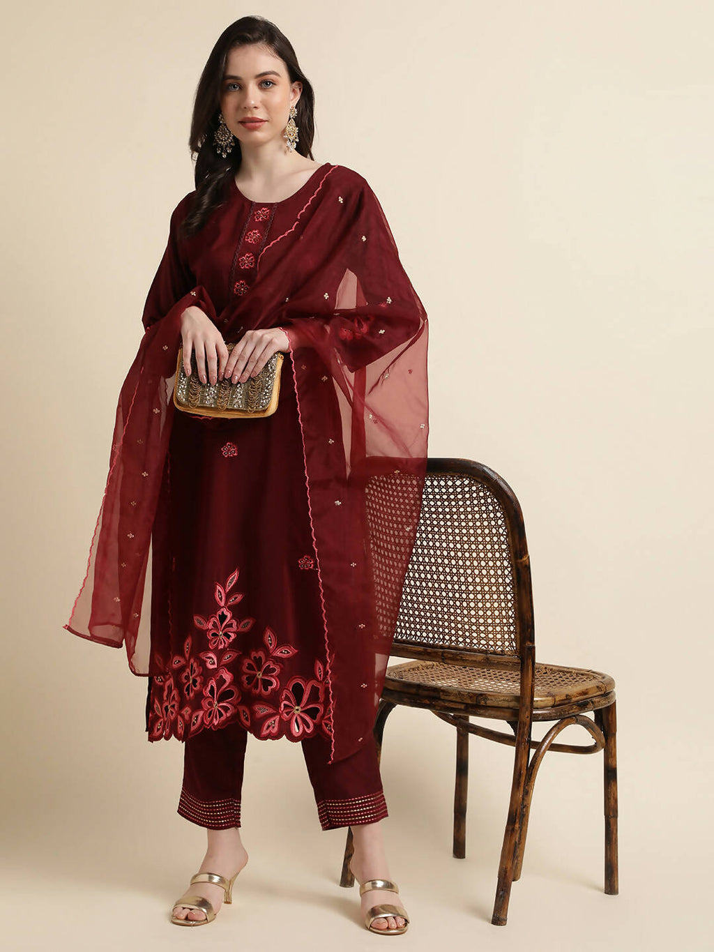 Maroon Chinon Silk Embroidered Straight Kurta with Trouser & Dupatta - Salimar